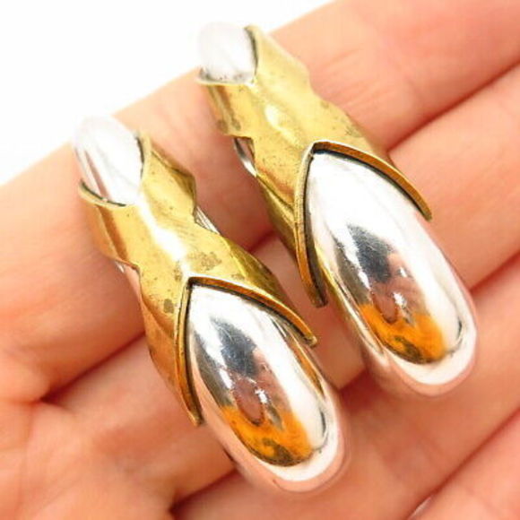 925 Sterling Silver 2-Tone Vintage Mexico Modernist Clip On...